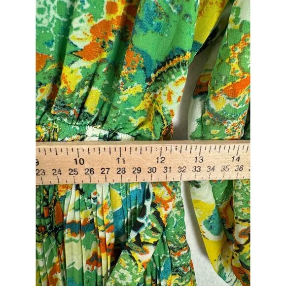 Kindred boho pleated artsy vibrant midi fit flare dress wrap sz L - Picture 6 of 7